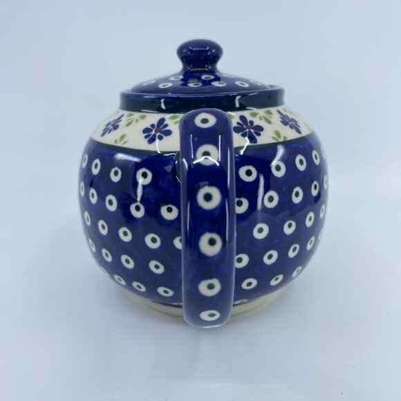 vintage boleslawiec polish pottery tea pot "blue daisy" pattern handcrafted - Picture 4 of 7
